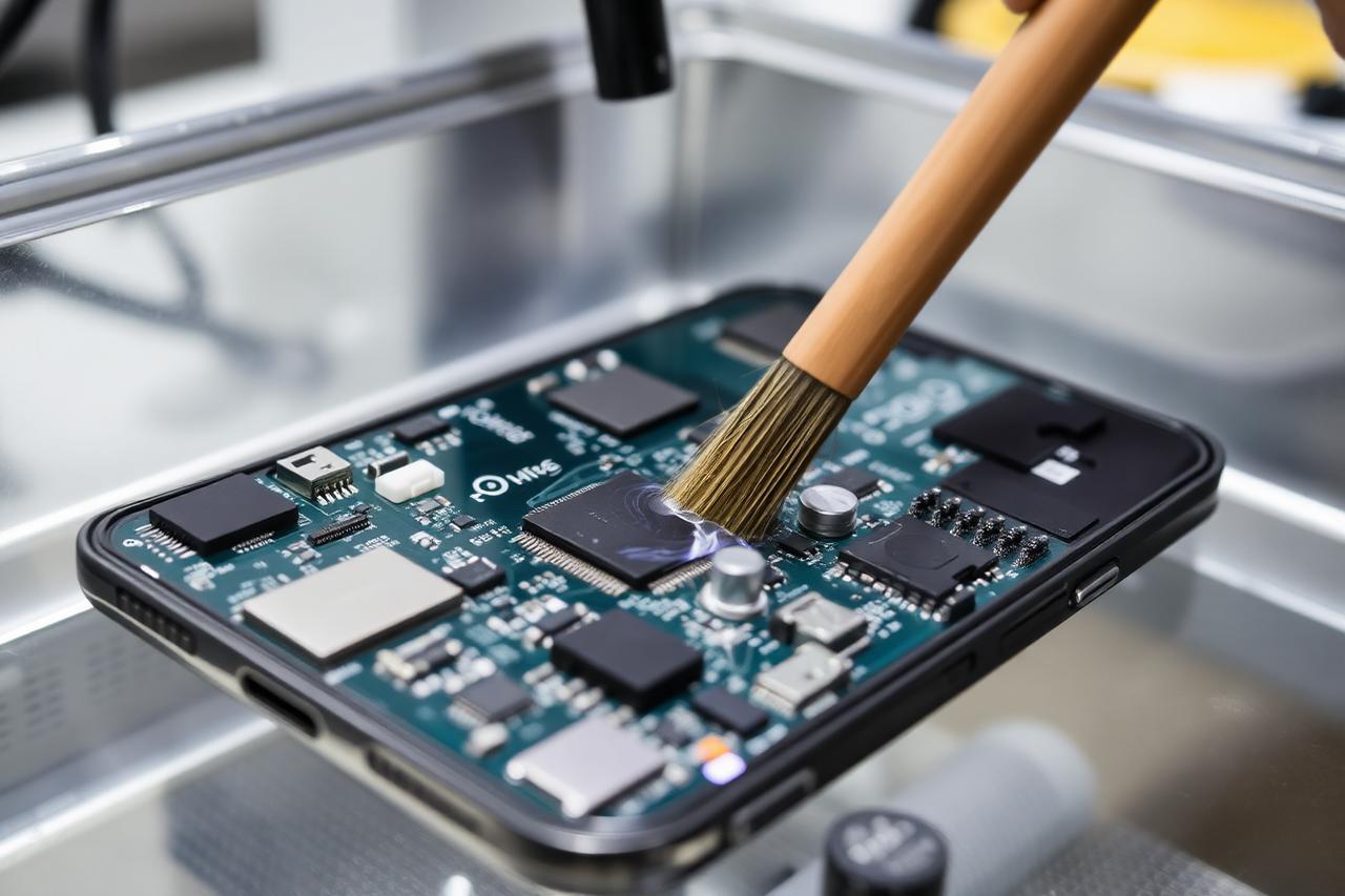 Water-damaged phone board being cleaned in a repair lab